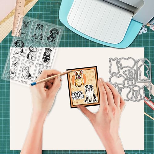GLOBLELAND Cute Dogs Illustrations Clear Stamp and Cutting Dies Set for Card Making Bulldog Puppy Silicone Transparent Stamps Shepherd Animals Metal Die Cuts for DIY Scrapbooking Photo Album Decor