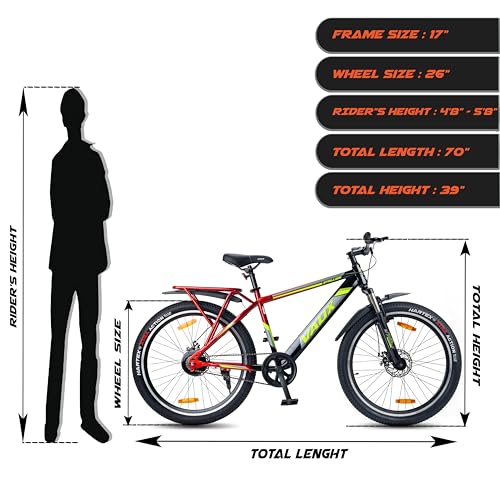 Image of Vaux Stallion-Pro 26T Cycle for Men with Integrated Carrier IBC| 17 inch Steel Frame| Dual-Tone Colors| Dual Disc Brakes| 26 X 2.4 Nylon Tyres| 80mm Front Suspension| Double Wall Alloy Rims(Red-Black)