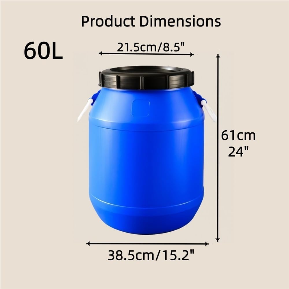 Plastic Water Storage Barrel, HDPE Drum with Dual-Layer Lid, Sealed Container with Handles, Water/Grains Drum for Home Brewing, Agriculture or Industrial(Blue,60L)
