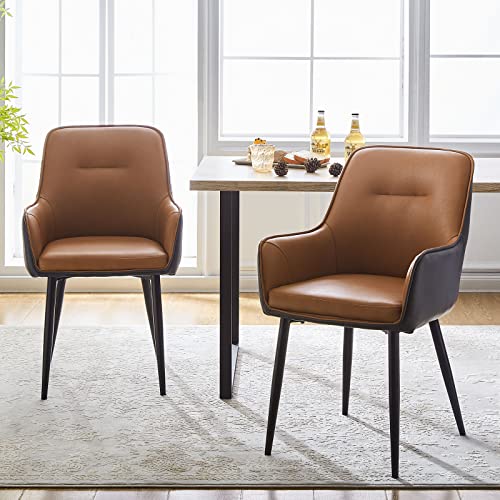 LEMROE Lot de 2 chaises de salle à manger en cuir avec dossier et accoudoirs - Chaises de salle à manger rembourrées avec pieds en métal (marron et gris)
