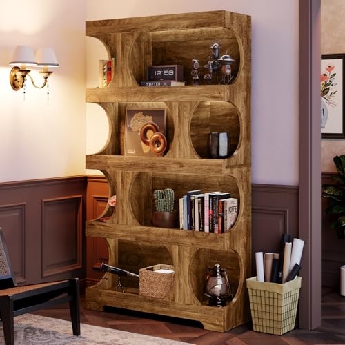 Image of Tribesigns 71 inch Tall Bookcase, 4-Tier S-Shaped Bookshelf, Wood Decorative Storage Shelving, Modern Freestanding Display Shelves, Large Library Book Shelf Unit for Home Office Living Room Bedroom, Brown