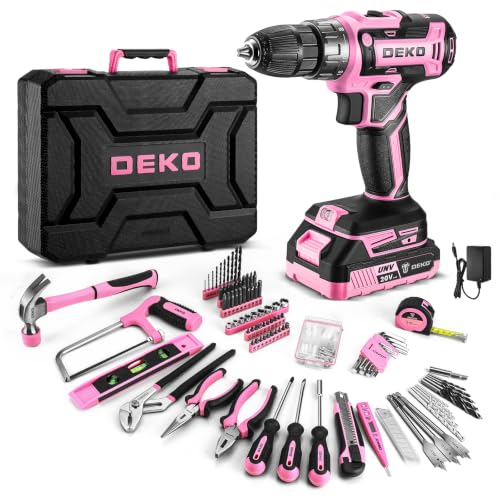 186-Teiliges Werkzeugkoffer mit Akkuschrauber: DEKO Werkzeugkasten mit 20 V Rosa Akkubohrer für Frauen Zuhause Handreparatur Grundlegende Werkzeugsets