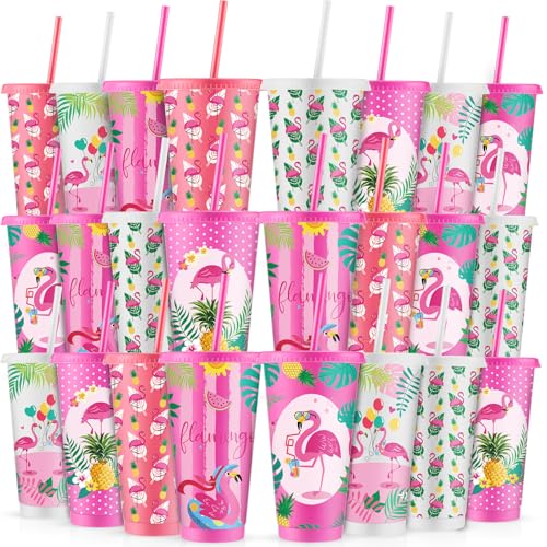 24 Reusable Flamingo Cups with Lids & Straws - Party Supplies