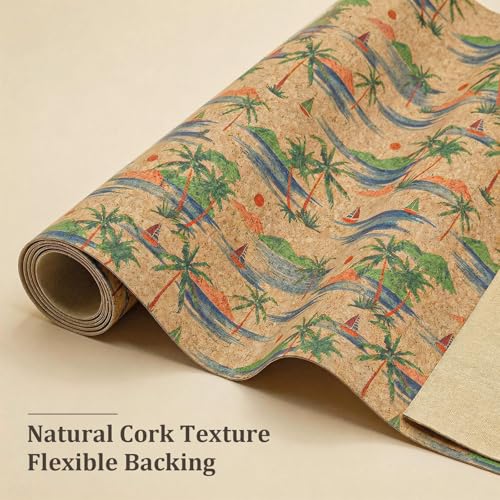 Image of SORENCUT Patterned Cork Fabric by the Yard for Sewing - Blue Palm Abstract Cork Leather Fabric Sheet with Flexible Backing for DIY Crafts, Earrings, Bags, Wallets & Handmade Accessories, 12.5 x 54 in