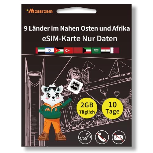 eSIM-Karte für 9 Länder im Nahen Osten und Afrika – Prepaid-Datentarife | 2 GB Daten täglich, 10 Tage | Keine physische SIM-Karte erforderlich | Sofortige Aktivierung