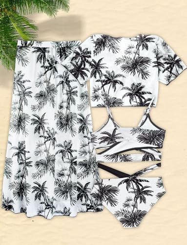 Image of Happy Cherry Girls Swimsuit Teen Cute Bathing Suits Kids 4 Piece Tropical Print Beach Bikini Sets with Cover Up Size 8-12