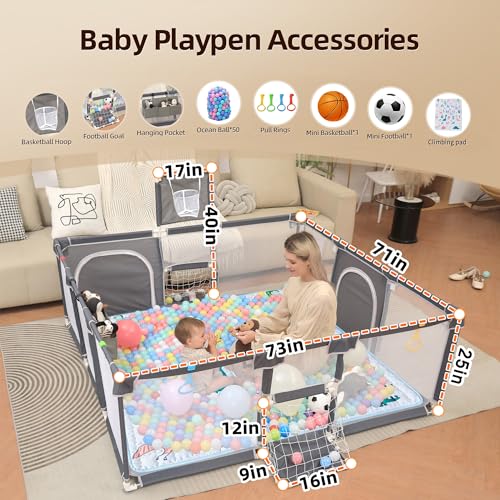 Image of Playpen for Babies and Toddlers,73 inchx71 inchBaby Playpen with Mat Indoor&Outdoor with Breathable Play Pen with Ocean Balls Hanging Pocket Basketball Hoop and Football Goal (Grey with Mat, 73 inchx71 inch)