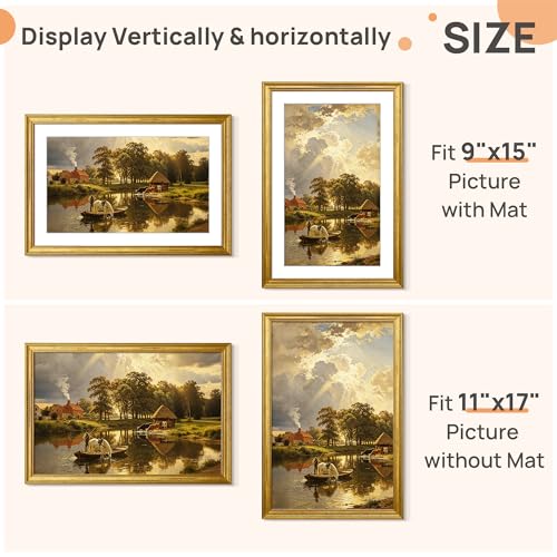 Image of upsimples 11x17 Picture Frame, Vintage Frames Decor, 1Pack Gold | Fit 9x15 and 11 x 17 Poster, Wall or Tabletop Display, Antique-style Decoration, Rustic Farmhouse Decor, For Weddings