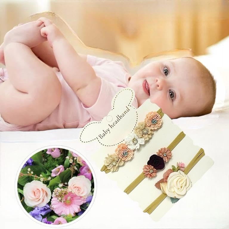 Image of BAKEFY - 3 Pcs Baby Flower Headbands Baby Girls Nylon Headbands Soft Hairbands Hair Accessories for Newborn Infant Toddler Kids（Beige Pink marron ）