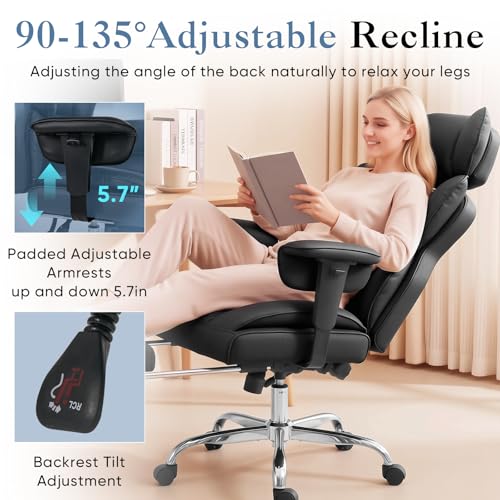 Image of DUMOS Big and Tall Home Office Desk Chair, Ergonomic Executive Chair with Footrest, Computer Gaming Chairs with High Back Reclining, Adjustable Armrests and Comfy Lumbar Support, PU Leather, Black