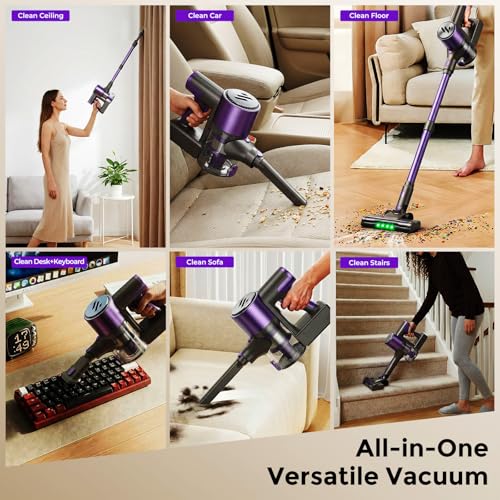 Image of Vacuum Cleaners for Home,Cordless Vacuum Cleaner,Lightweight Stick Vacuum Cordless Rechargeable,Self-Standing Design,LED Touch Screen,Vacuum for Hardwood Floors,Carpet,Pet Hair(Purple Black)