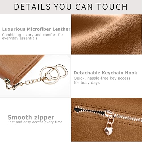 Image of Women Small Wallet RFID Blocking Slim Wallet with Coin Pocket Tri-Fold Credit Card Holder with ID Window and Keychain(Camel)