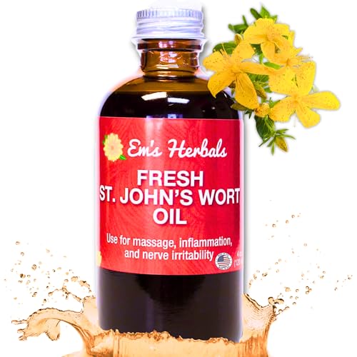 Ems Herbals Fresh St. Johns Wort Oil - Wild Harvested in USA Natural Solution for Nerve Discomfort Skin Eruptions Wound Care Scar and Stretch Marks - Skin Face Body Hair Massage Oil (4 Oz)