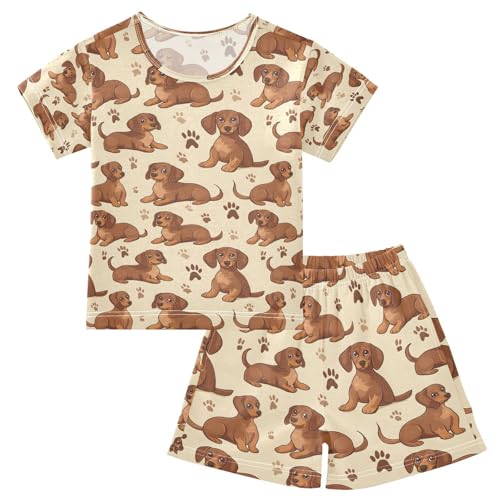 ALAZA Dachshund Dog Paw Print Pajamas Set Short Sleeve Cotton Sleepwear Summer Pjs 2 Piece 5-14Y