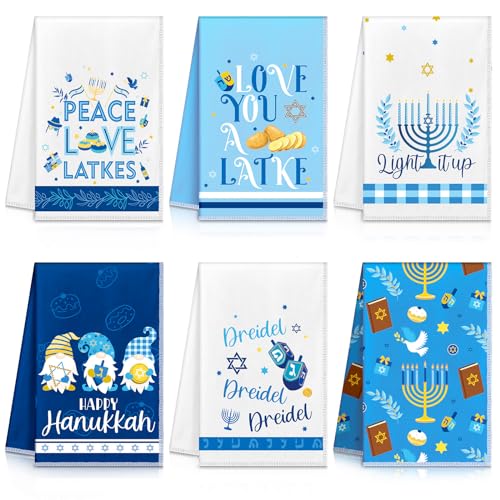 Zubebe 6 Pieces Hanukkah Kitchen Towels Decorations for Home Blue Menorah Gnomes Stars Happy Hanukkah Gift Candlestick Towels Jewish Festival Tea Towel Hand Drying Towel for Cooking Baking