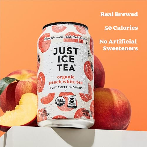 Image of Just Ice Tea, Peach White Iced Tea, 12-Pack (12oz Cans), USDA Certified Organic, Real Brewed, Low Calorie, No Artificial Sweeteners, Fair Trade, Made in USA. (Pack of 12, Peach White Tea)