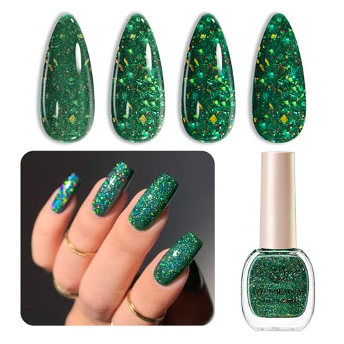 AZUREBEAUTY Green Nail Polish Quick Dry Christmas Glitter Nail Polish Natural Shine Nail Lacquer Salon-Quality for Women Girl Gift Set 1Pcs 0.34 fl oz