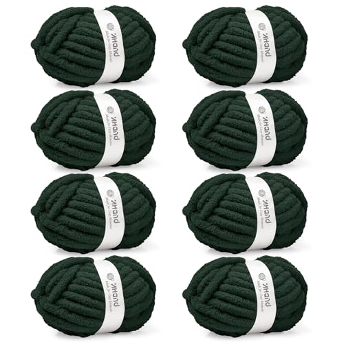 Inhand Dark Green Chunky Chenille Yarn for Hand Knitting Thick Bulky Christmas Blanket Yarn for Crocheting Soft Fluffy Yarn for Crochet Holiday Gifts for Women/Beginners 8 Pack (29.5Yds/8.4oz Each)