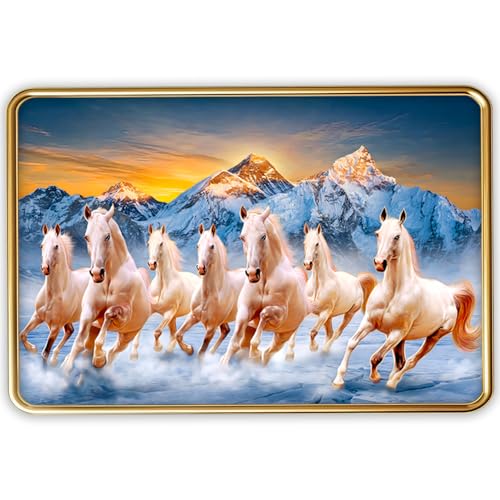 Image of Vastu 7 Seven Running Horse Photo Frame, Golden Slim Frame, Sparkle Coated Lamination, 30x45 cm (Design 1)