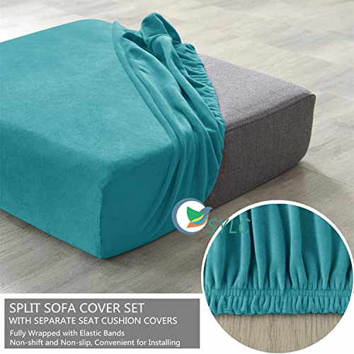 Housse de canapé velours extensible turquoise pour rénover un fauteuil abîmé - 6