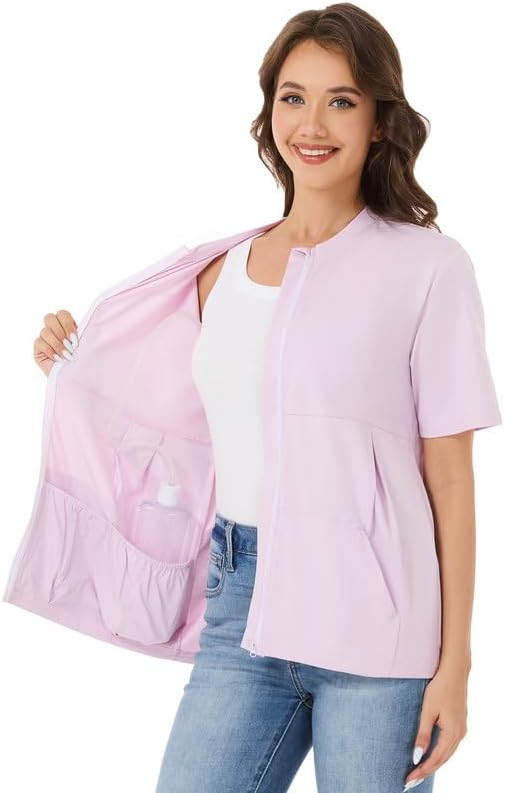 Post Surgery Mastectomy Shirt with Drain Pockets – Women’s Short Sleeve Zip Front Recovery Top with Elastic Pouches - Image 2