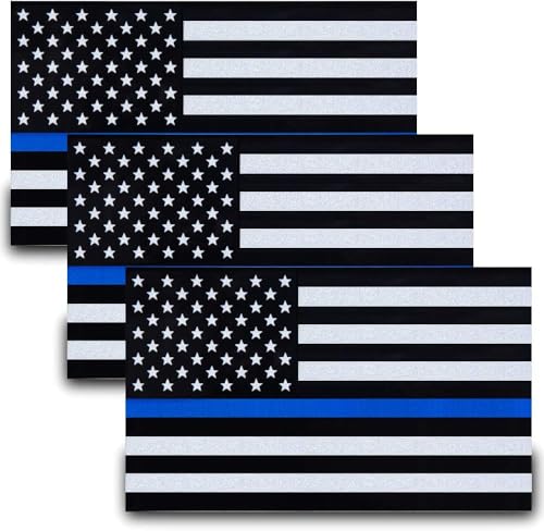 Besby 3pcs Reflective US Flag Stickers Thin Blue Line American Flag Decal Car Laptop Bumer Sticker 5x3 Vinyl Support USA Police and Law Enforcement Officers