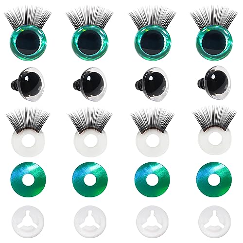 TOAOB 4 Sets Plastic Safety Eyes 25mm Glitter Safety Eyes with Washers and Black Eyelashes for Amigurumis Green Craft Crochet Eyes for DIY Puppet Bear Stuffed Animal Doll Making