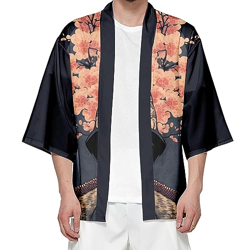 Image of DOSLAVIDA Men's Japanese Kimono Cardigan Suit Chinese Style Printed Jacket Pants Set Open Front Seven Sleeve Top & Shorts