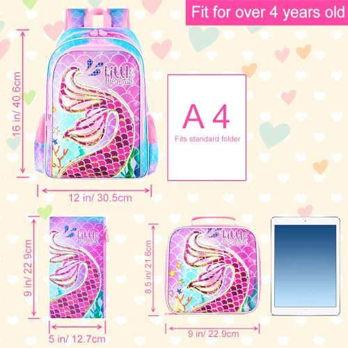 Image of AGSDON 3PCS Kids Backpacks for Girls, 16 inch Little Kid Mermaid Backpack Preschool School Bookbag and Lunch Box