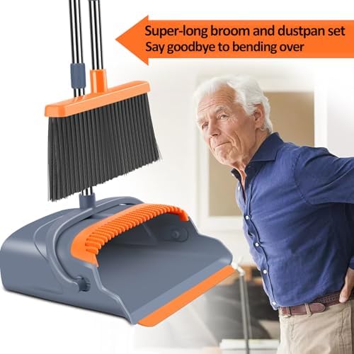kelamayi Upgrade Broom and Dustpan Set, Self-Cleaning with Dustpan Teeth, Indoor&Outdoor Sweeping, Ideal for Dog Cat Pets Home Use, Stand Up Broom and Dustpan (Gray&Orange) - 3