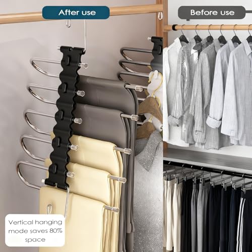 Sudnsadaks 2 Pcs Hosenbügel Platzsparend, Kleiderbügel Hosen Edelstahl, 5 in 1 Stabil Faltbare Hosenkleiderbügel Schrank Organizer, rutschfest Multifunktionaler Bügel für Schals, Jeans, Damen, Herren