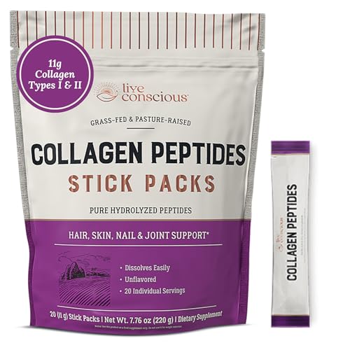 Image of Live Conscious Collagen Peptides Powder Unflavored Packets - Hydrolyzed Collagen Powder - Hair, Skin, Nail, & Joint Support - Type I & III Grass-Fed Collagen Supplements for Women and Men - Pack of 20