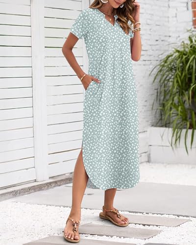 Image of MISFAY Women's Summer Maxi Dress 2026 Casual Short Sleeves V Neck Loose Sundress Split Long Beach T Shirt Dress
