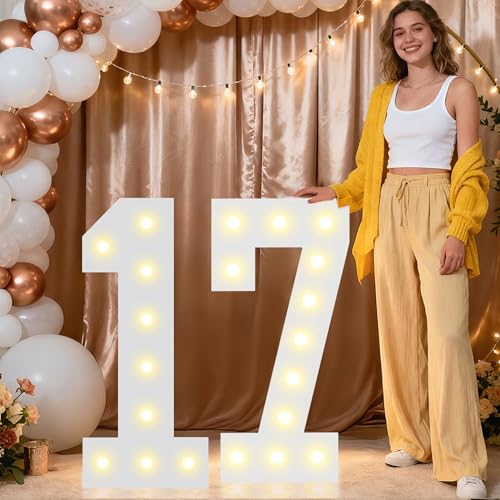 Image of Pooqla 2.4FT Light Up Numbers for 17 Year Old Boy Girl Gifts, Marquee Numbers 2.4 Feet Tall Party Decor for Her Him, Mosaic Big Sign for 17th Birthday Decoration Backdrop, Warm White Large Number 17