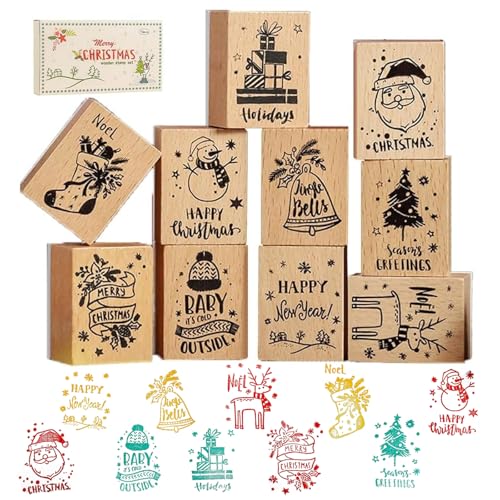 Wooden Rubber Stamp Set Various Christmas Rubber Patterns Wood Stamps for Journal Diary Scrapbook Planner Letter DIY Craft Card Making (A)