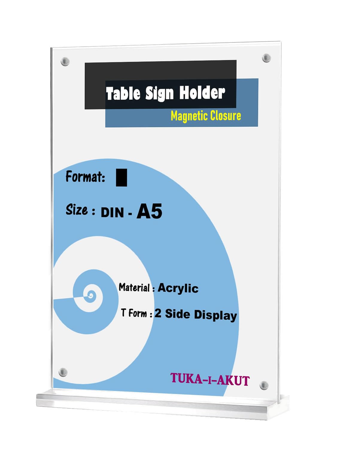 TUKA-i-AKUT 20X A5 Vertical Soporte en T de Mesa Acrílico con Cierre Magnético, Porta Carteles Doble Cara, Expositor Sobremesa para Exhibición Folletos Publicitario Menús, TKD8241-A5-H-20x