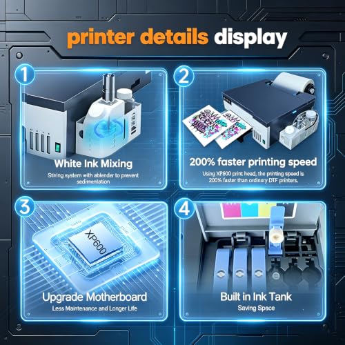Image of A3 DTF Printer with Roll Feeder, XP600 Printhead 5760x1440DPI, DTF Transfer Printer Machine with Built-in White Ink Stirrer & Auto Cleaning, for T-Shirt Textile Printing (A3 Printer)