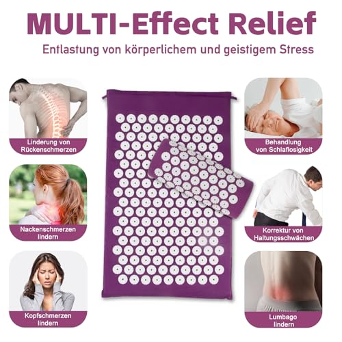 Akupressurmatte, Akupunktur matte, Akkupressmatte mit Kissen, Akkupressurmatte, Massagematte, Akupressure Set Purple, Akupressurmatte Rücken, Shiatsu matte, Fakirmatte,Lila