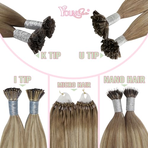 Image of YoungSee K Tip Hair Extensions Real Human Hair Ombre Light Brown Balayage Blonde Ktip Real Hair Extensions Human Hair 24In 1G /S 50G