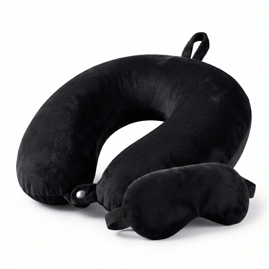 STUFFIVA Travel Neck Pillow and Eye Mask Set - Soft U-Shaped Support Cushion with Front Snap, Hanging Loop, and Matching Blindfold for Airplane, Car, and Office Sleep, Black-picture-10