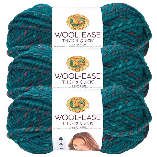 Image of Lion Brand Yarn Wool-Ease Thick and Quick Yarn, Soft and Bulky Yarn for Knitting, Crocheting, and Crafting, 3 Pack, Deep Lagoon | Super Bulky Wool Acrylic Blend Fiber for Soft Hats, Sweaters, Chunky Blankets, Yarn for Crochet, Knitting, Crafts, Weaving
