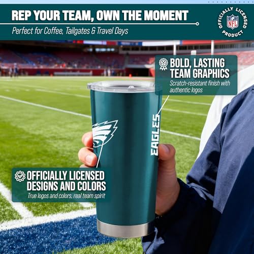 Image of Philadelphia Eagles NFL 20oz Stainless Steel Insulated Tumbler, Slider Lid | Officially licensed Eagles drinkware; double-wall vacuum construction; cupholder compatible; BPA-free; hand wash only