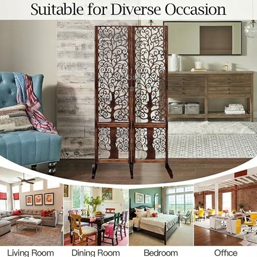Image of Wooden Room Partition /Screen /Room Divider /Room Separator Traditional Handicrafts 6Ft (Dark Brown) (Tree 2 Panel with Stands)