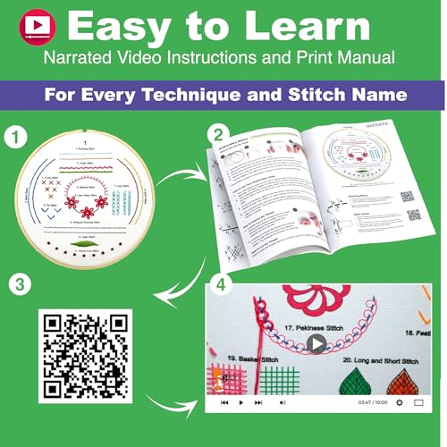 Azenera Beginner Embroidery Kit (4 Pack) Learn 33 Stitches with Easy DIY Video Tutorials, Coloured Design Patterns, Thread Floss, Cross Stitch Hoop, Gift (AZA100)