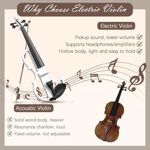 Image of Electric Violin 4 /4 Kit,Full Size Beginner Violin for Adults,Students,with Case,Bow, Headphones,and Connecting Line,White