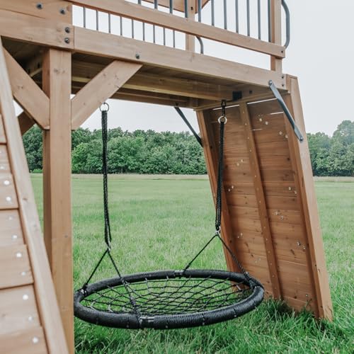 Backyard Discovery Sterling Point Cedar Wood Swing Set with Wave Slide, Raised Clubhouse, Wooden Bridge, Rock Wall, Belt Swings, Web Swing, Trapeze, Balcony, Climbing Wall, Ladder, Outdoor Playset - image 5