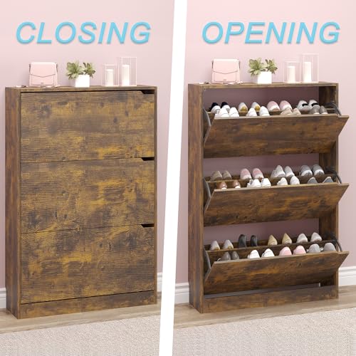 Image of BORNOON Shoe Cabinet with 3 Flip Drawers, Hidden Wood Shoe Cabinet,Freestanding Shoe Storage Cabinet for Entryway Hallway