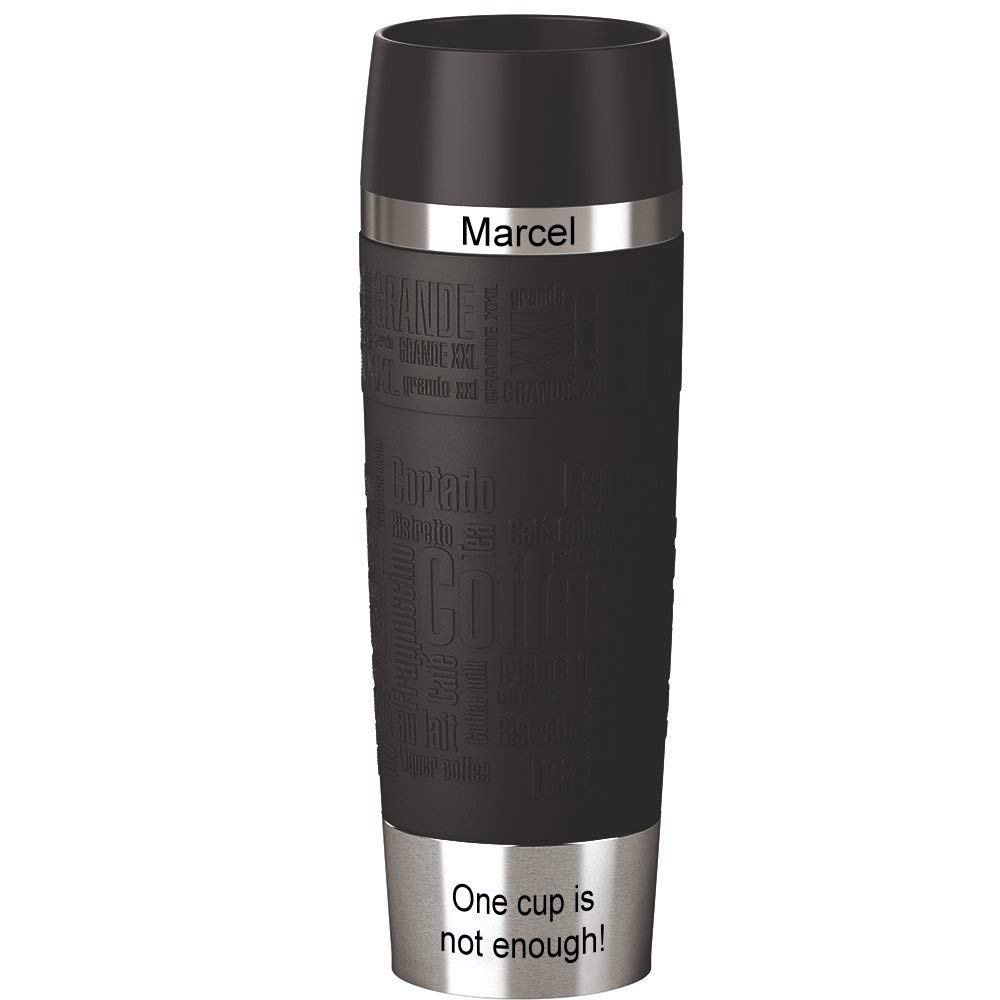 Emsa Isolierbecher MIT Gravur - Oben & UNTEN - (z.B. Namen) TRAVEL Mug Grande XXL 500ml Schwarz, 4h heiß/ 8h kalt, 100% dicht, auslaufsicher, Kaffee & Tee Thermo to-go-Becher