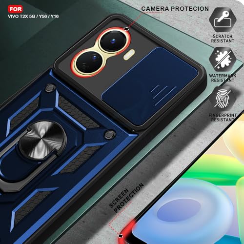Image of AESTMO Tough Armor Vivo T2X 5G / Y56 5G / Y16 Bumper Back Case Cover | Ring Holder & Sliding Camera Shield Cover | 360 Degree Protection Back Case Cover for Vivo T2X 5G / Y56 5G / Y16 (Blue)