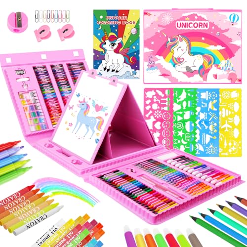 homicozy Art Supplies for Kids Drawing Kits Unicorn Art Case Coloring Set with Double Sided Trifold Easel Crayon Colored Pencil Marker Coloring Book Stencil Sticker Drawing Stuffs Gifts for Girls 4-12